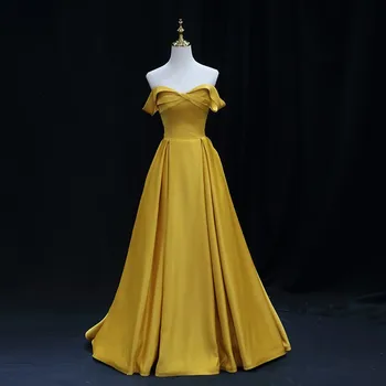 Топката принцеса рокля с открити рамене, жълто сватбена рокля на Пепеляшка, сватбени рокли с корсет на гърба, дамски официални рокли