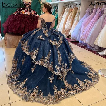 Тъмно сини буйни рокля на Пепеляшка, бродирани с мъниста, вечерни рокли за абитуриентски бал с 3D цветя, абитуриентски рокли принцеса, Vestidos De 15 Años 2023