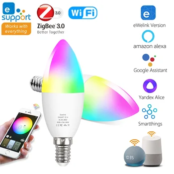 Умна WiFi E14 Led лампа ZigBee Свещ Bulbs 110V 220V RGB LED WW CW Лампа Работи С Ewelink Алекса Google Home Yandex Алис