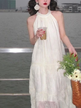 Френското Винтажное Бяла рокля свързани с каишка на врата си, - Секси Лятна рокля за плаж, отдих, Дълга рокля с открити рамене