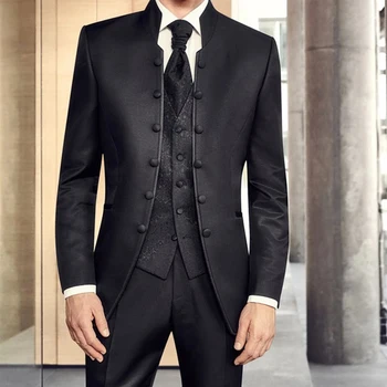 Черна мъжка туника, Сватбен смокинг за Младоженеца с шал яка подпора, 3 предмет, официални делови мъжки костюми, палта за пушачи с панталони