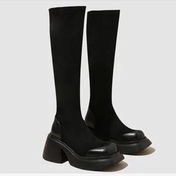 Черни Ботуши с дълги чулками, Дамски обувки, Нов Стил, Есенно-зимни Плюшени топли обувки 