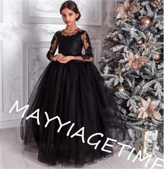 Черно Тюлевое Принцеса рокля с цветя модел за момичета, Лейси апликация на врата, с Дълъг ръкав, Детски рокля за Първо Причастие, Размер от 1 до 16 години