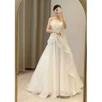 Шаферски рокли Сватбена рокля с открити рамене Сватбена дантелено минималистичное скромна рокля във френски стил H245