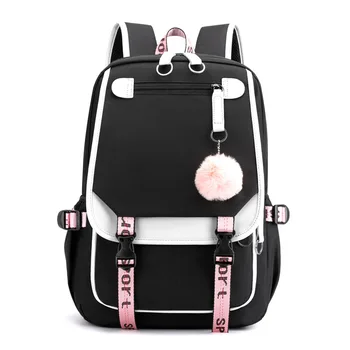 големи училищни чанти за момичета с USB порт, платно училище раница, студентски чанта за книги, модерен черен розов юношеството училище раница mochila